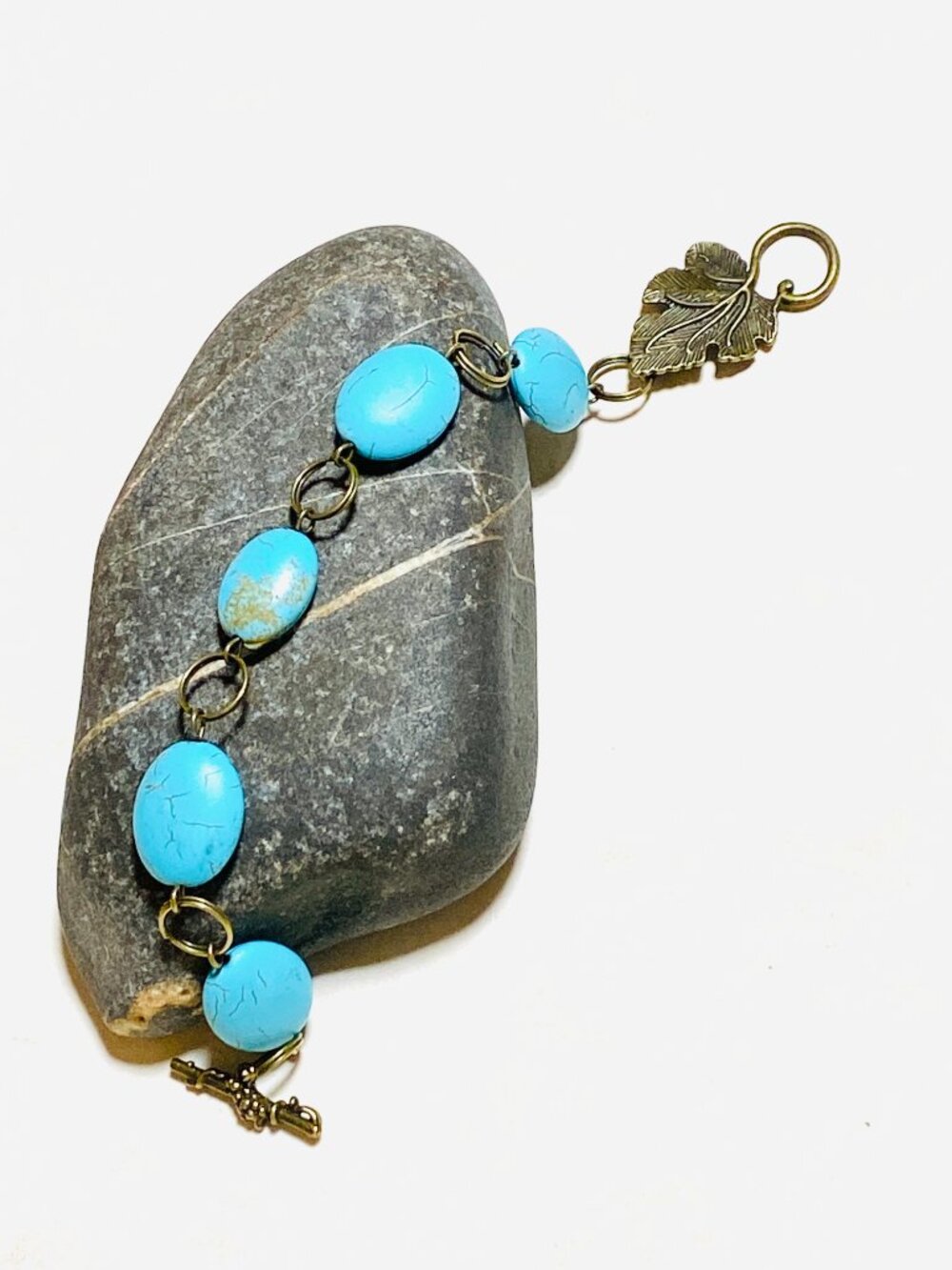 2/$20, Blue Dyed Howlite Bracelet, Genuine Gemstone & Bronze Grape Leaf Toggle - Picture 5 of 11